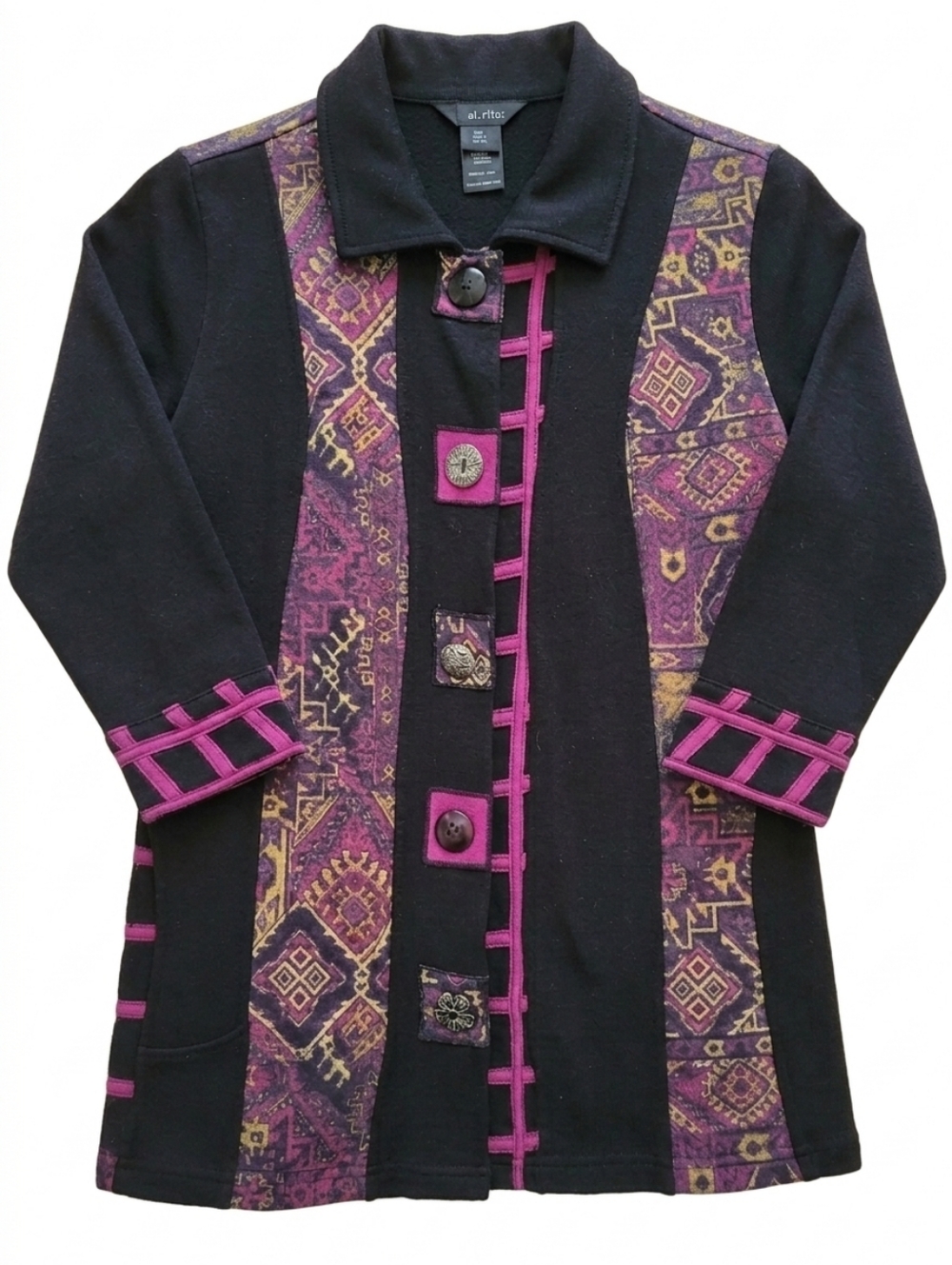 Ali Miles Black/Pink Art To Wear Fabulous Button Up Tunic/Jacket Sz Petite S #98